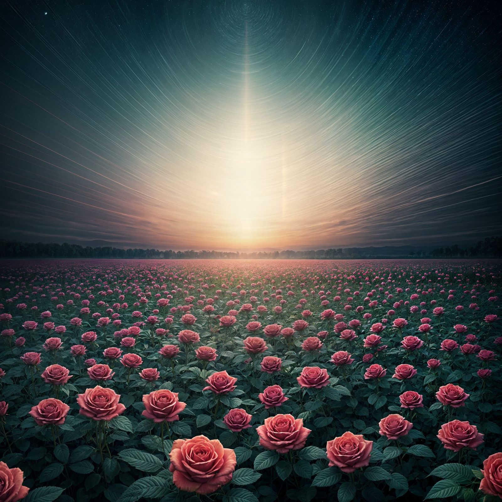 Dreamy Dawn Sky Over Rose Meadow in H.R. Giger Style