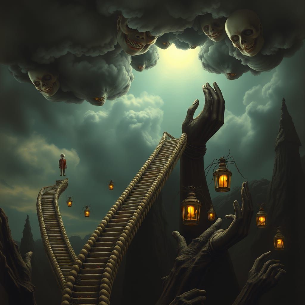 Surreal Nightmare Landscape with Teeth Staircases and Floati...