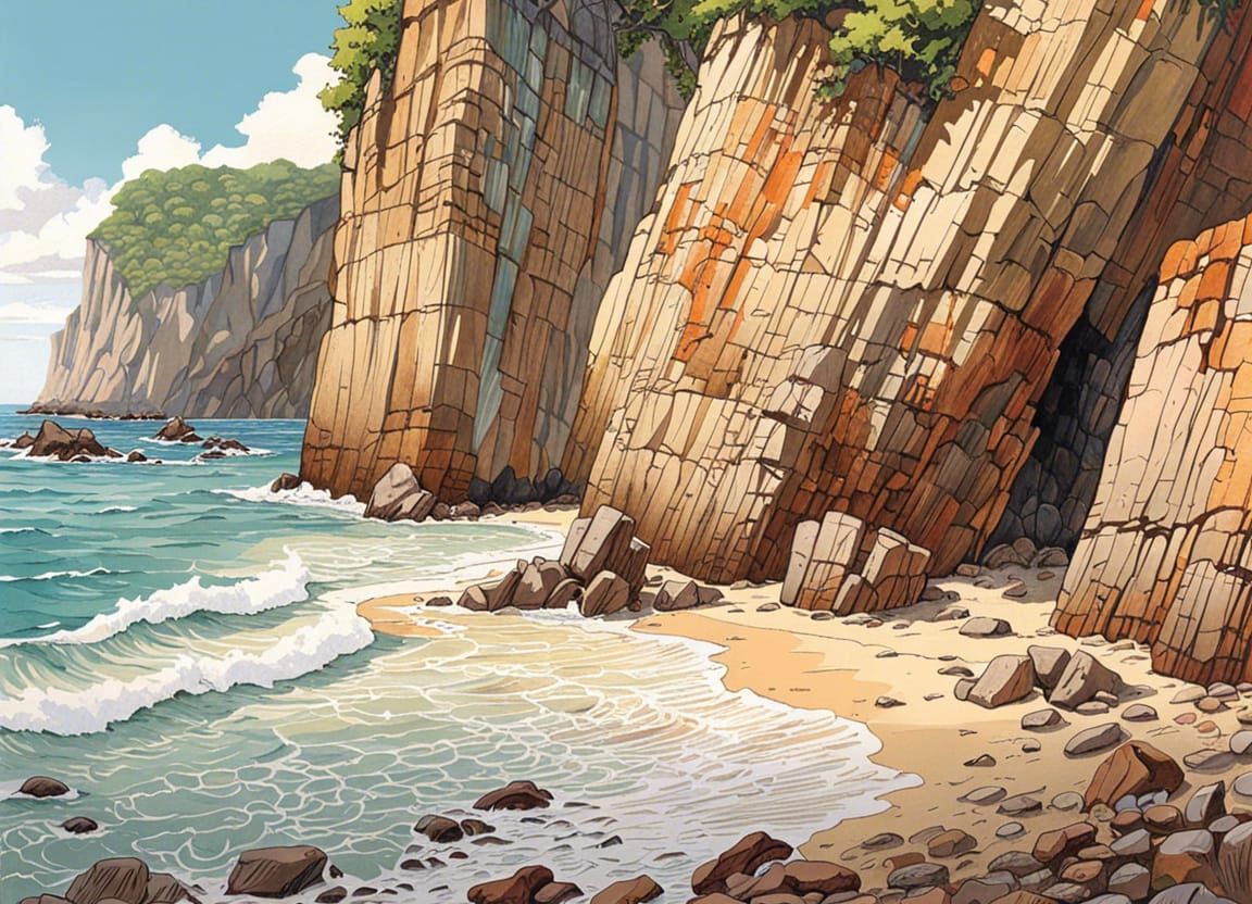 Tropical Beach with Rocky Cliffs: Gouache Painting