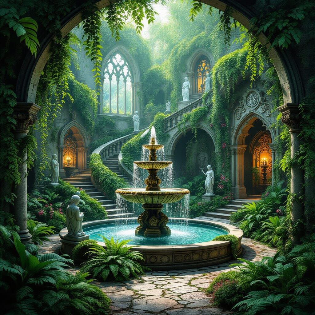 Surreal Garden with Enchanted Fountain and Gothic Architectu...