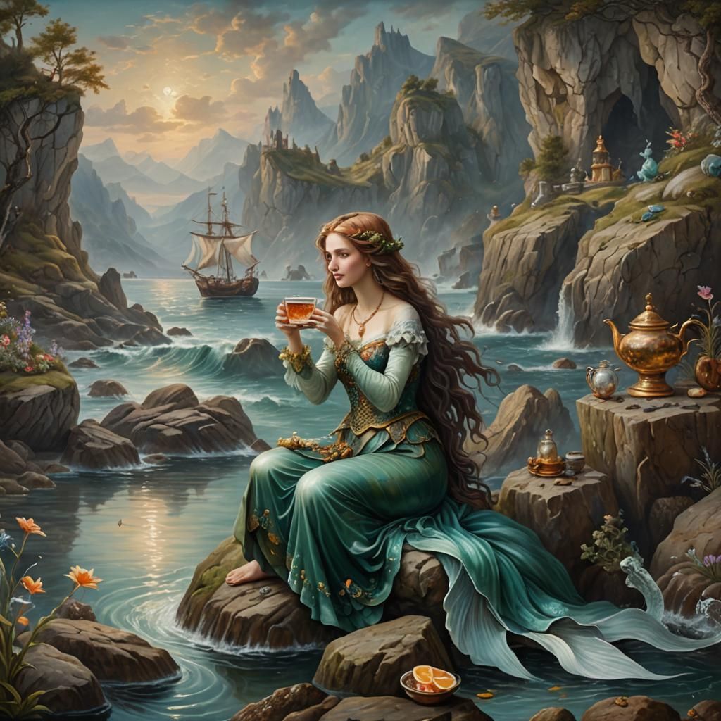 Mermaid's Teatime: A Renaissance Oil Painting