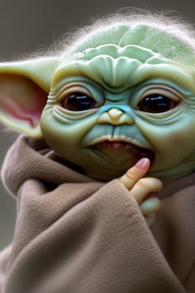 Hyper-Realistic Portrait of Grogu Eating a Donut