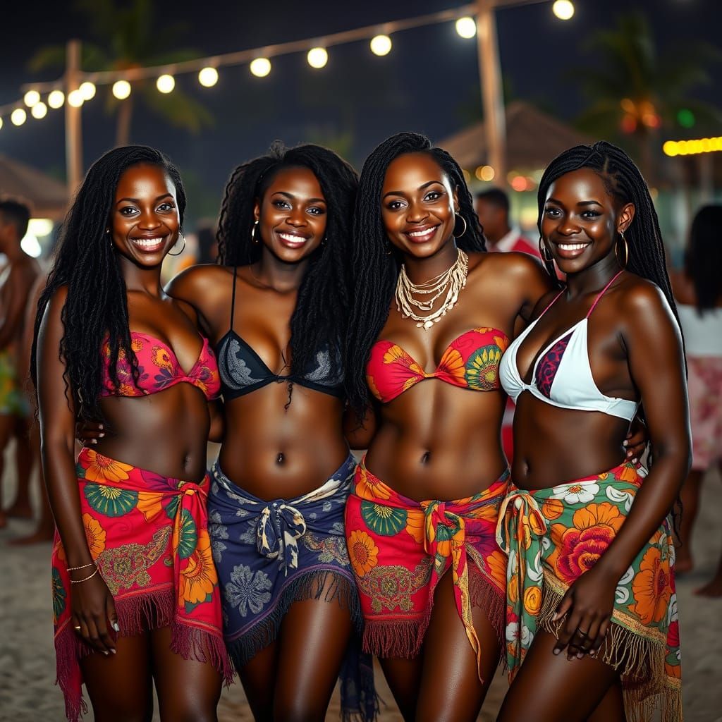 Smiling Women Party on Beach at Night
