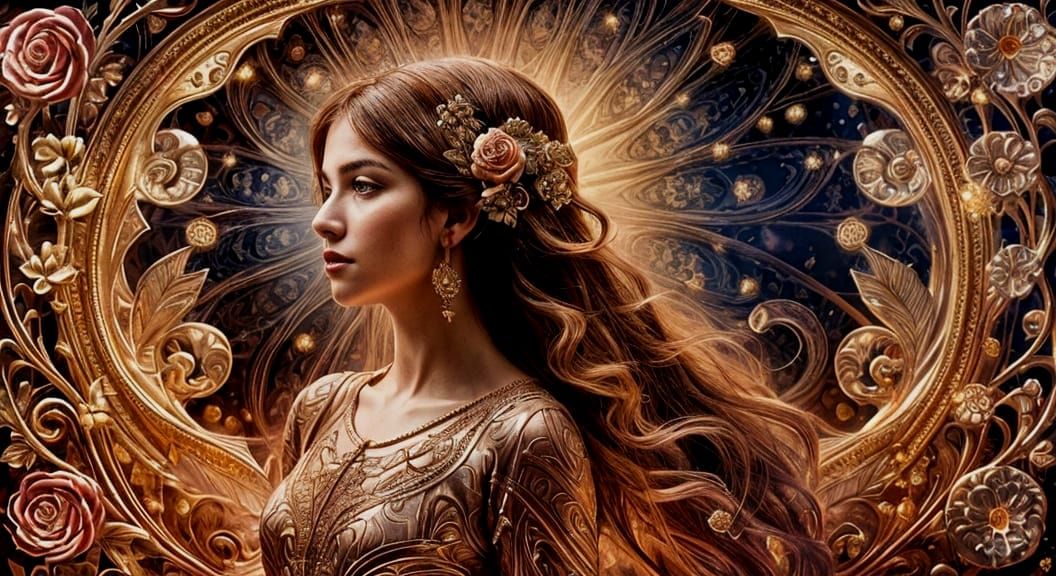 Ethereal Art Deco Portrait in Twisted Rose Gold and Ruby