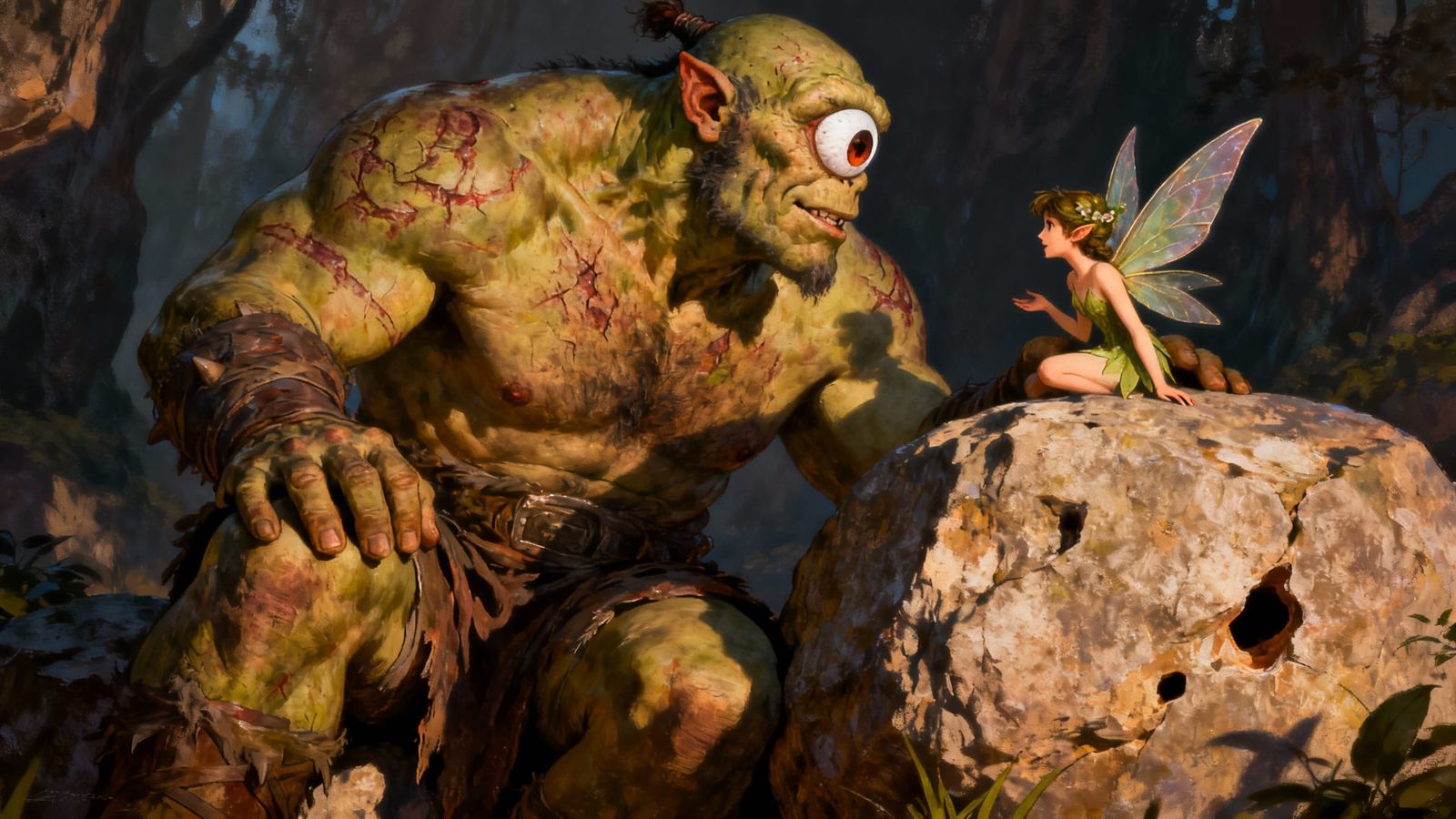 Cyclops and Fairy in Vibrant Fantasy Art Conversation