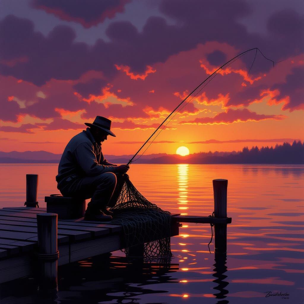 Fisherman Mending Nets at Fiery Sunset Dock