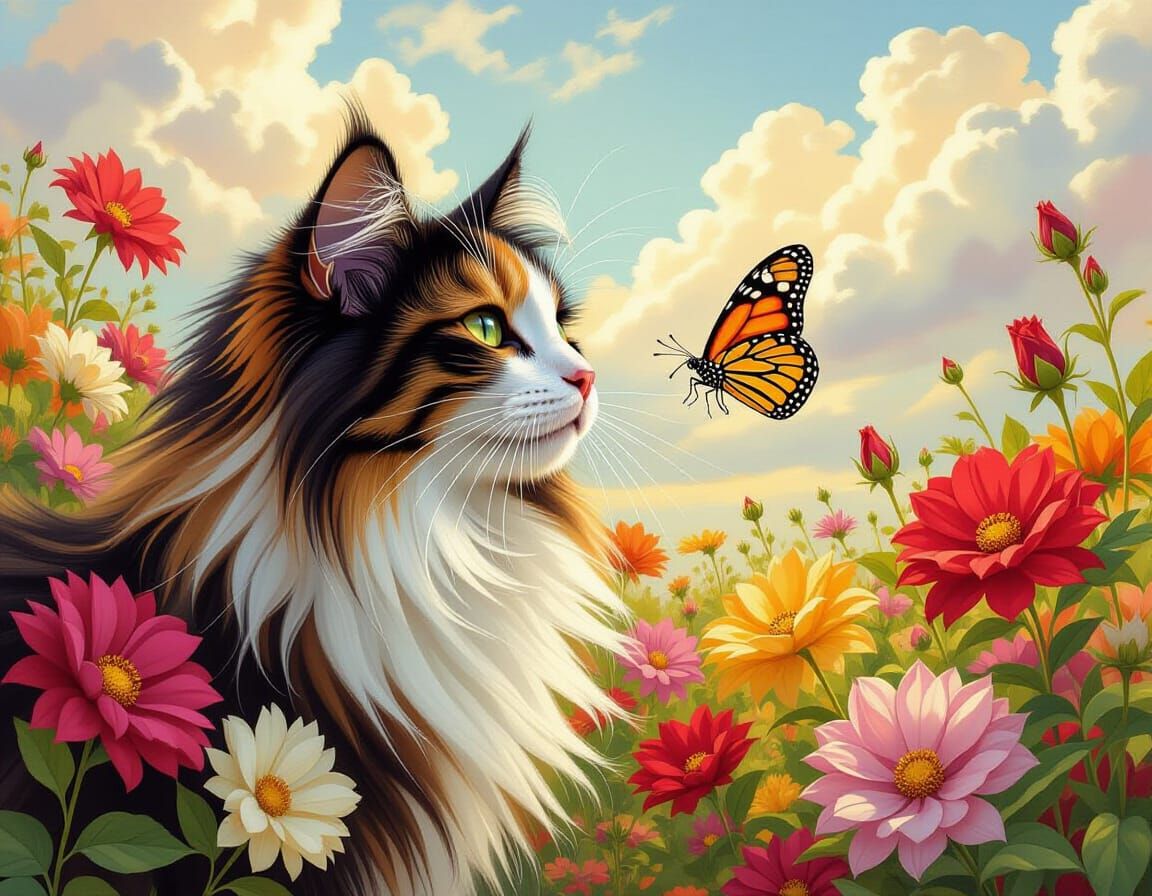 Calico Cat and Monarch Butterfly in Pre-Raphaelite Style