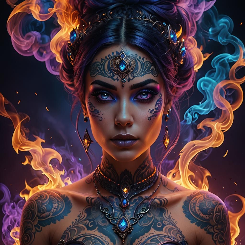 Neon Smoke Enshrouded Woman: Fantasy Art