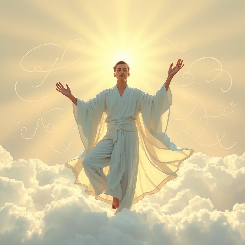 Serene Yogi with Ethereal Script in Flowing Pose