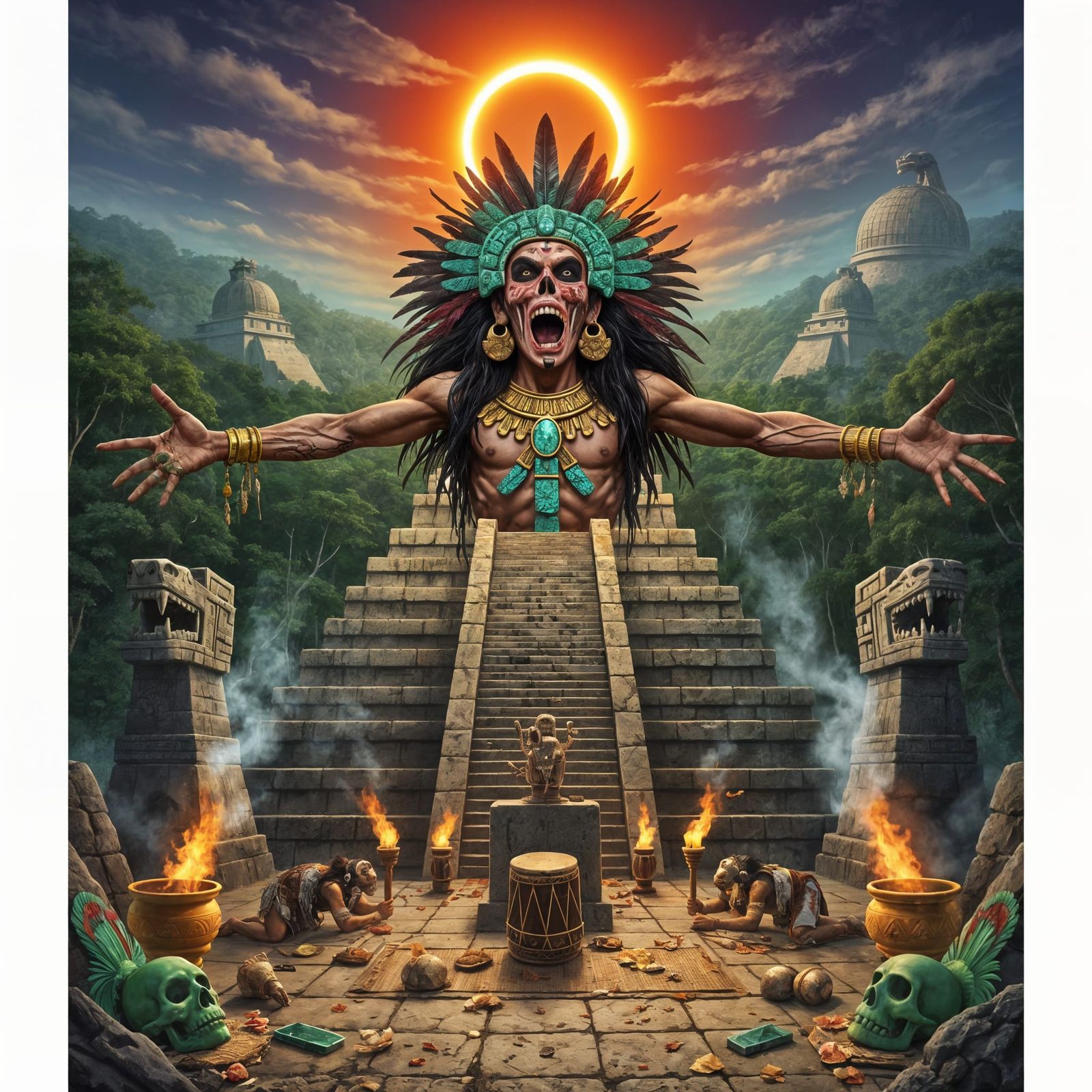Mictlantecuhtli atop Pyramid Temple Under Solar Eclipse