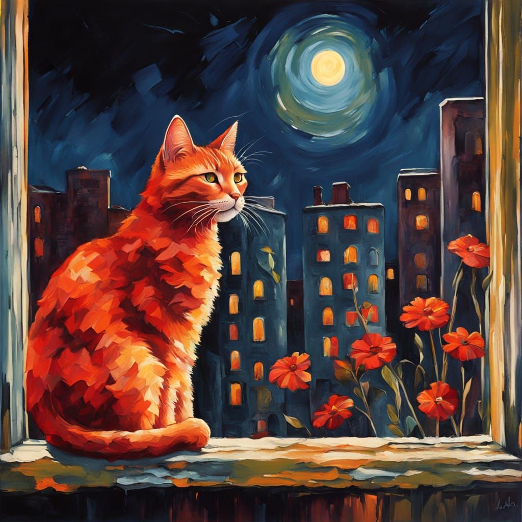 Regal Red Cat on Moonlit Sill, Vintage Cityscape