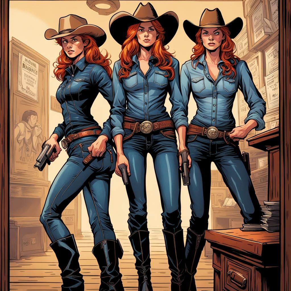 Redhead Cowgirls Robbing Bank in Comic Book Style