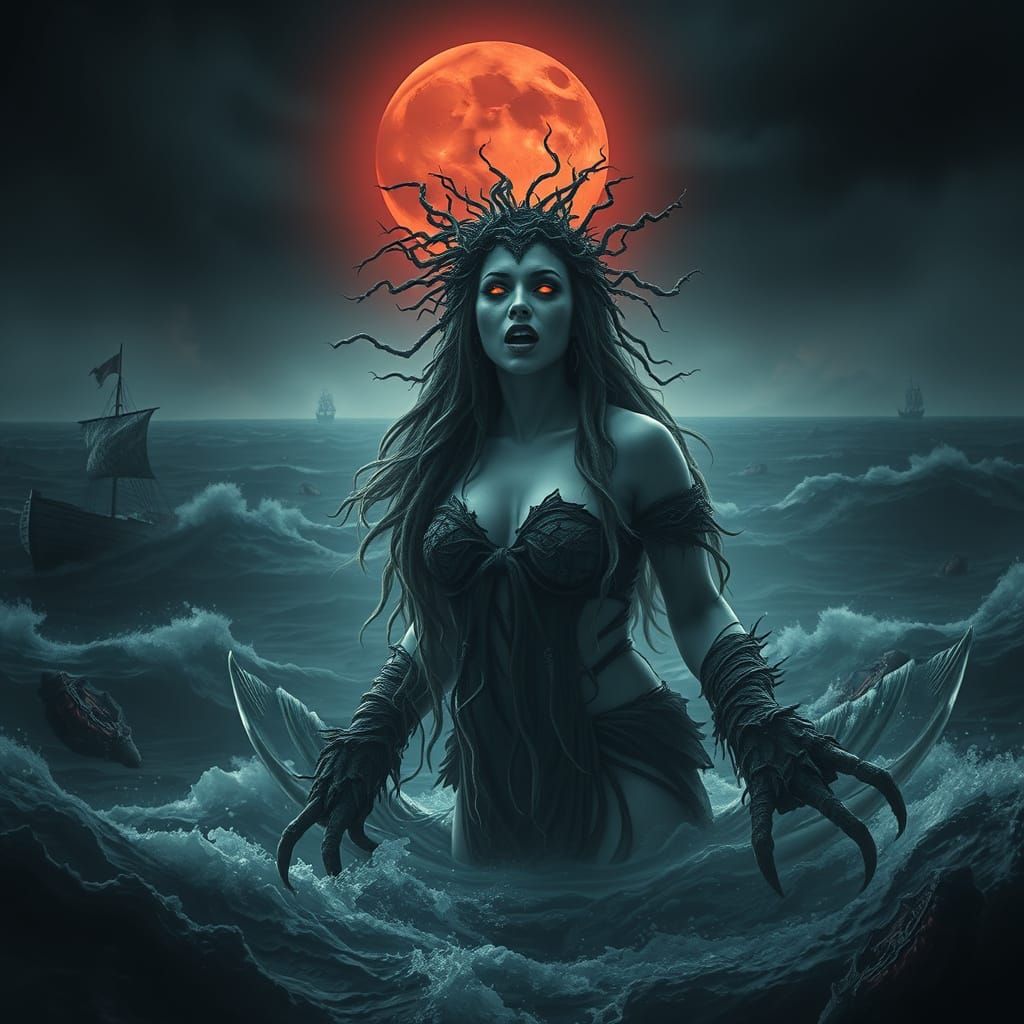 Siren Emerges from Stormy Waters in Dark Fantasy Style