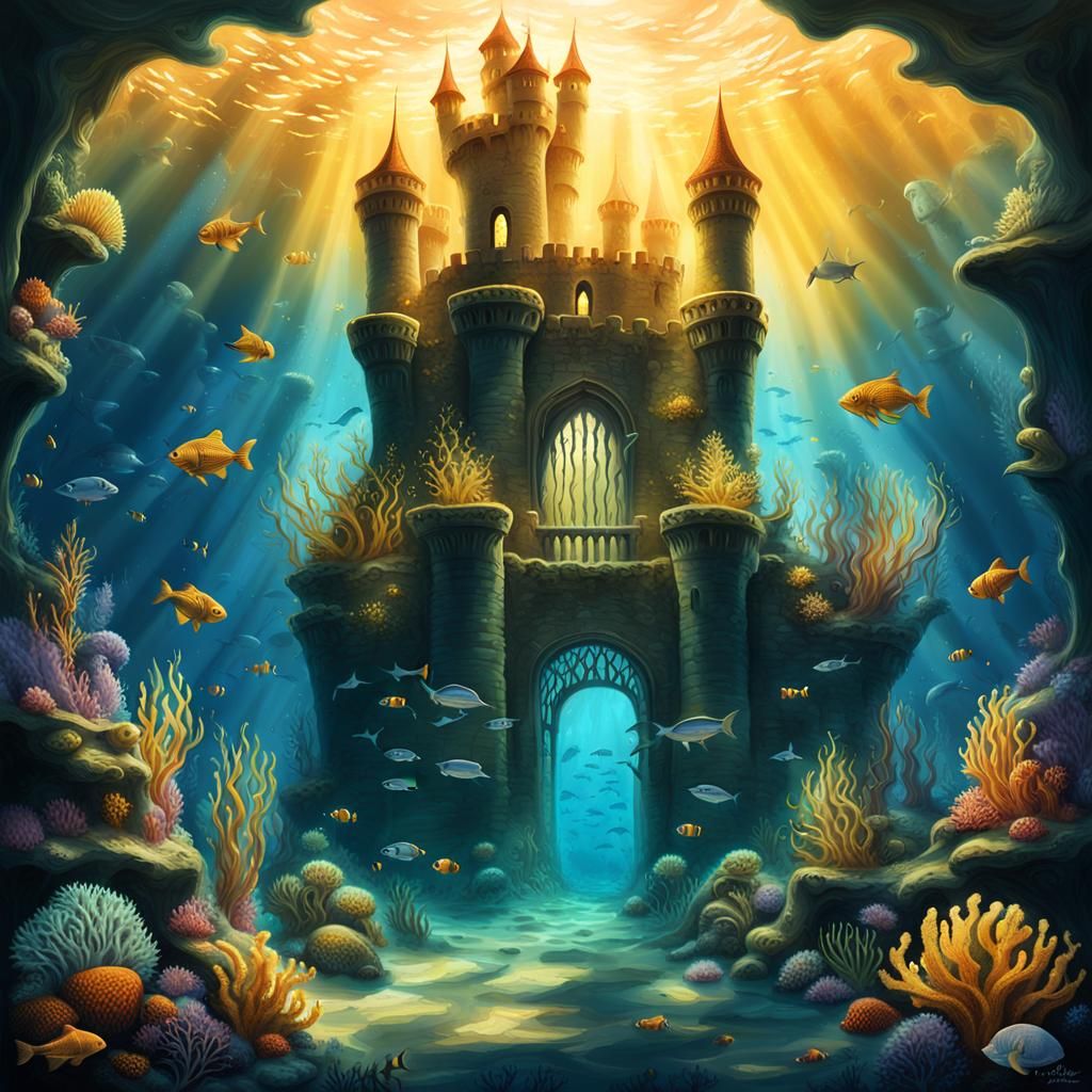 Underwater Castle of the Sea King: Surreal Oil Painting