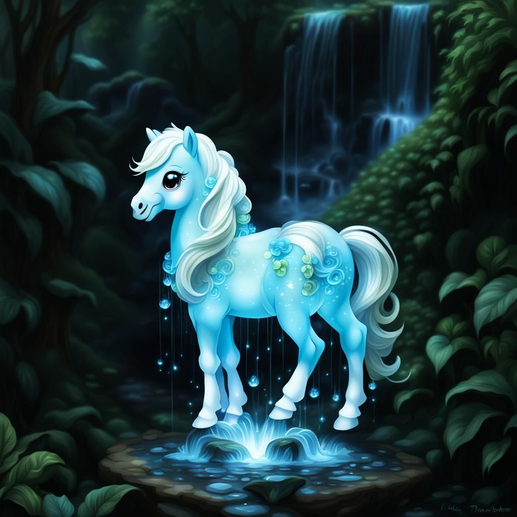 Bioluminescent Chibi Pony by Waterfall in Fantasy Garden