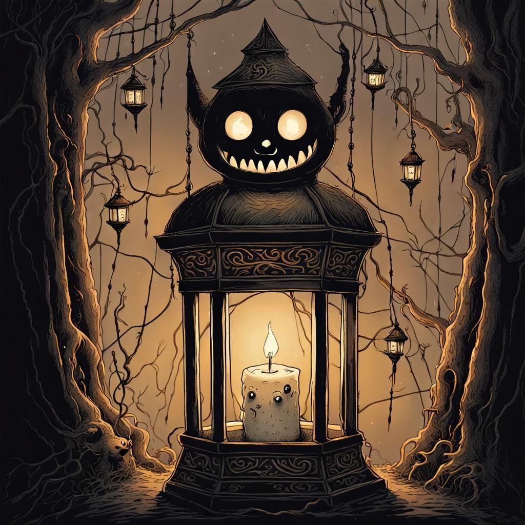 Whimsical Dark Fantasy Lantern in Graveyard