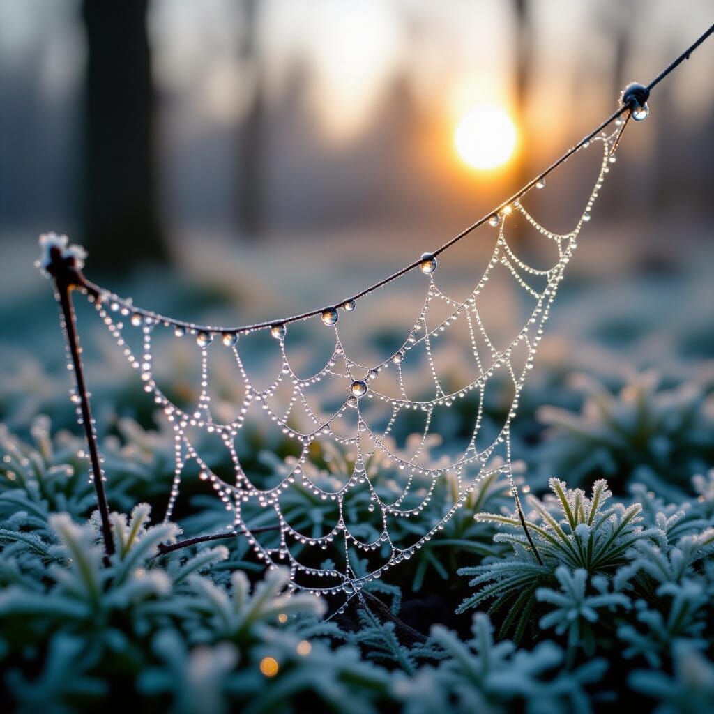 Golden Dew Drops on Spider Web in Frosty Fantasy Landscape