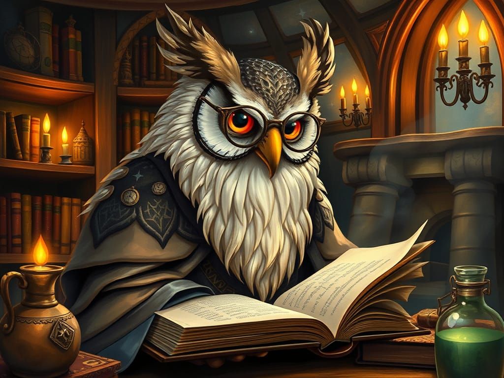 Mystical Owl Wizard in Whimsical, Painterly Library Scene