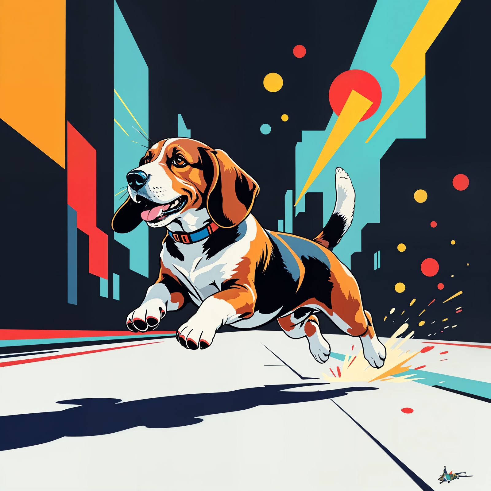 Basset Hound Chasing Abstract Shape in Graphic Novel Style