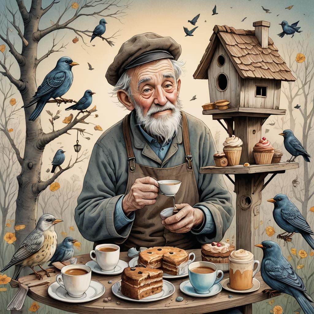 Cozy Birdhouse Breakfast with Starlings: Whimsical Illustrat...