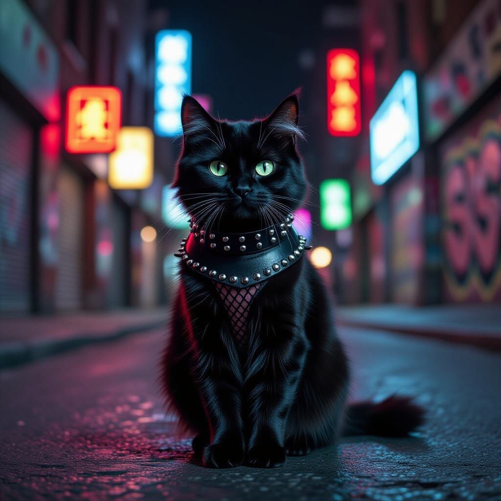Post-Punk Cat in Neon Cityscape
