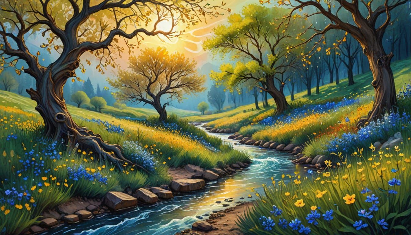 Impressionist Spring Meadow in Vibrant Watercolor