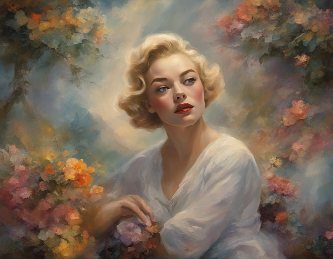 Simone Signoret Portrait in Ethereal Chalk and Impasto Style