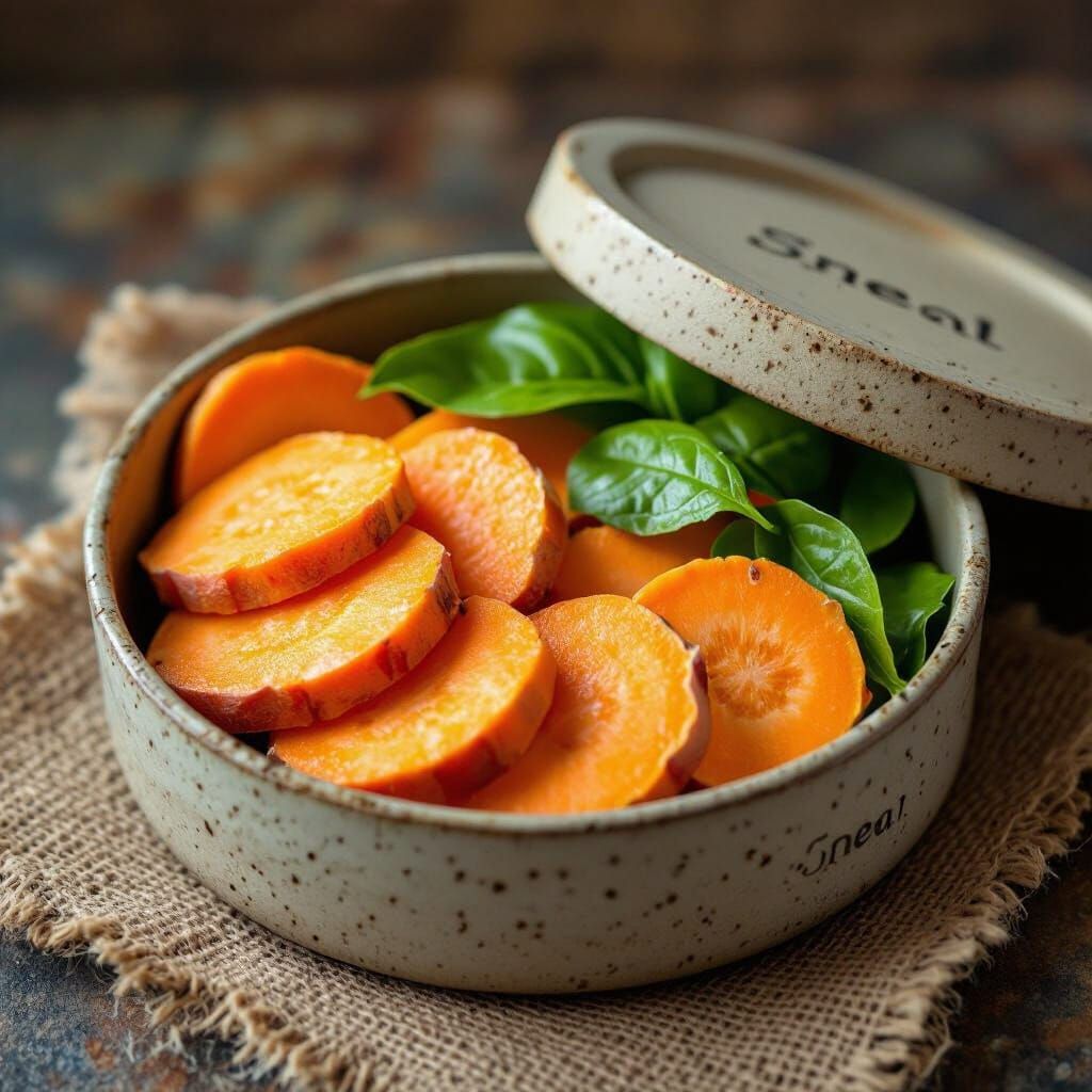 Rustic Still Life of Sweet Potato and Mustard Leaves