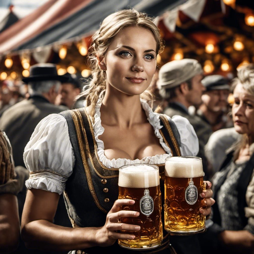 German Barmaid at Oktoberfest in Charcoal Pencil Style