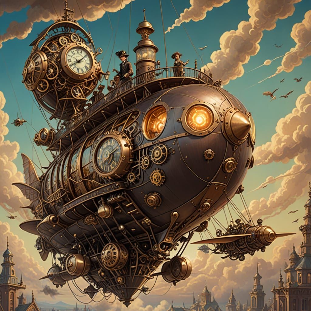 Steampunk Airship Piloted by Clockwork Fairy
