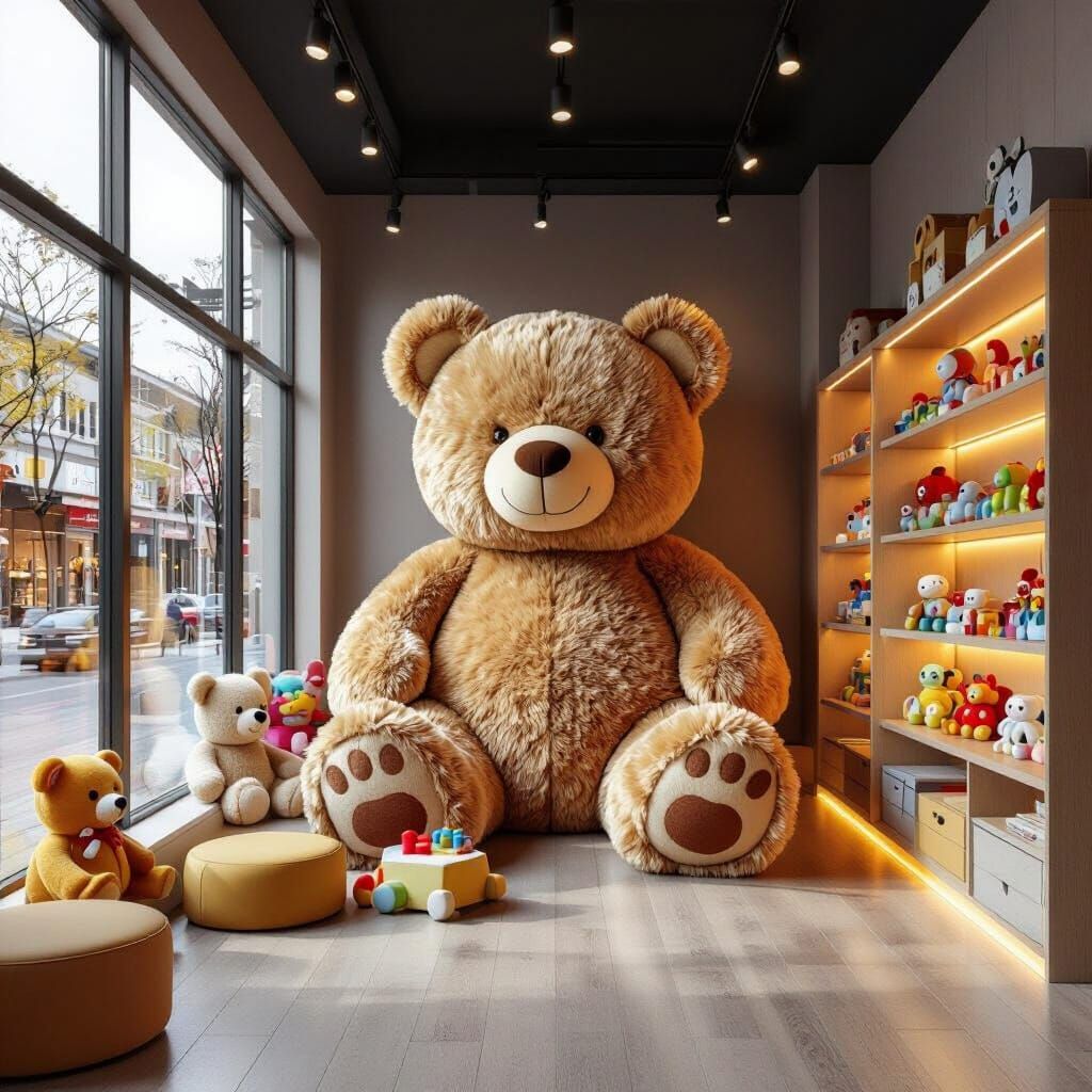 Vibrant Toy Store Interior with Giant Plush Bear