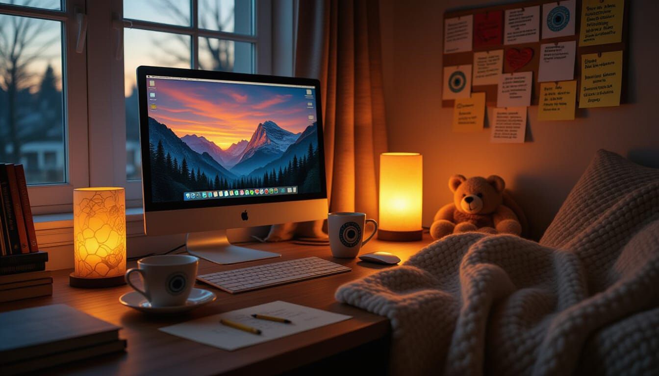 Cozy Workspace at Dusk with Golden Light