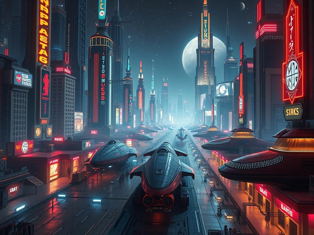 Retro-Futuristic Spaceport with Art Deco Skyscrapers