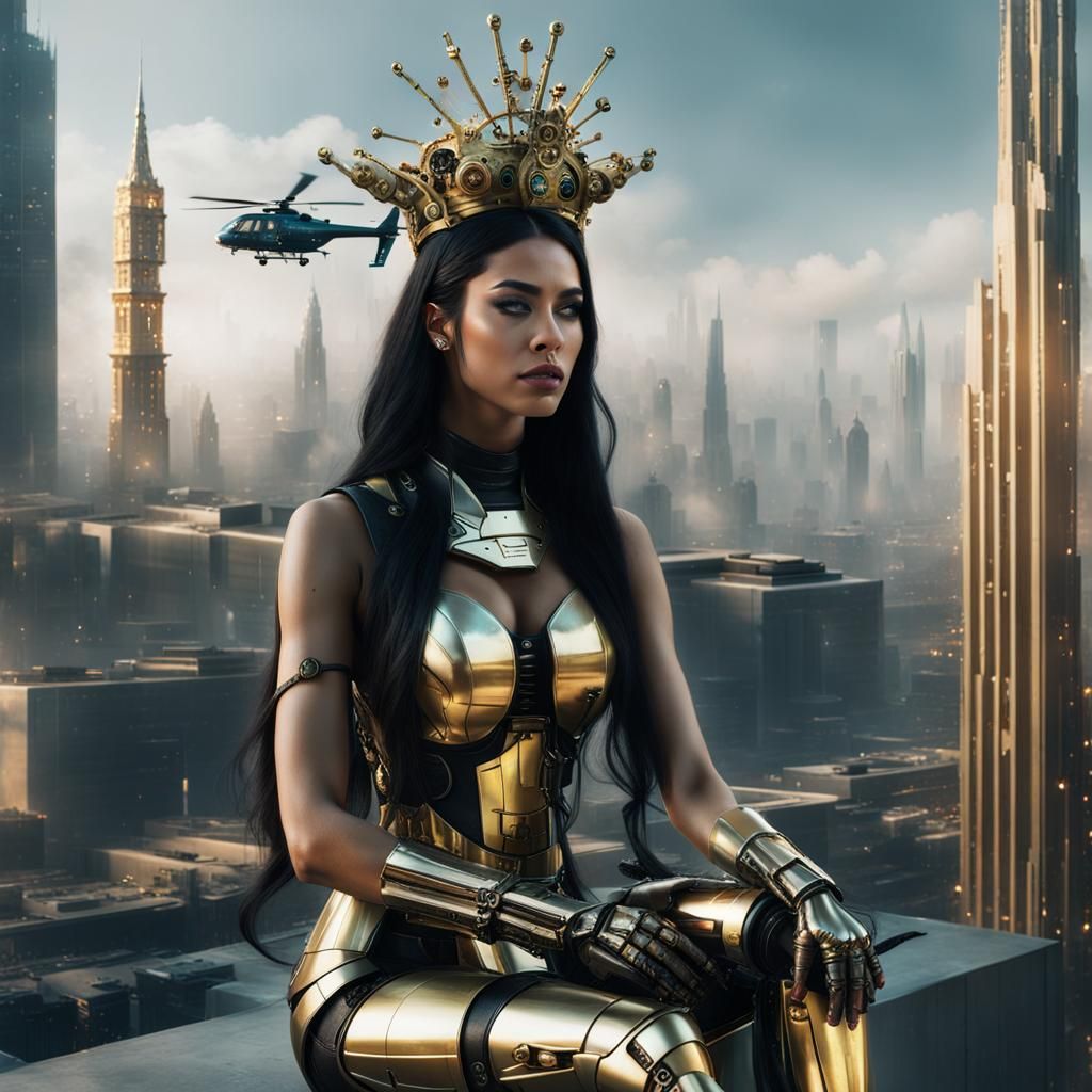 Cyberpunk Woman with Robotic Crown in City Center