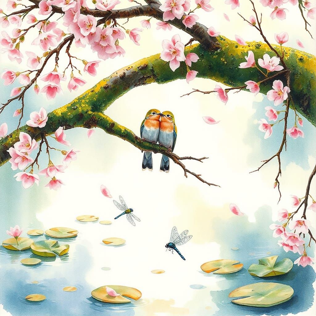 Pastel Lovebirds in Spring Watercolor Scene