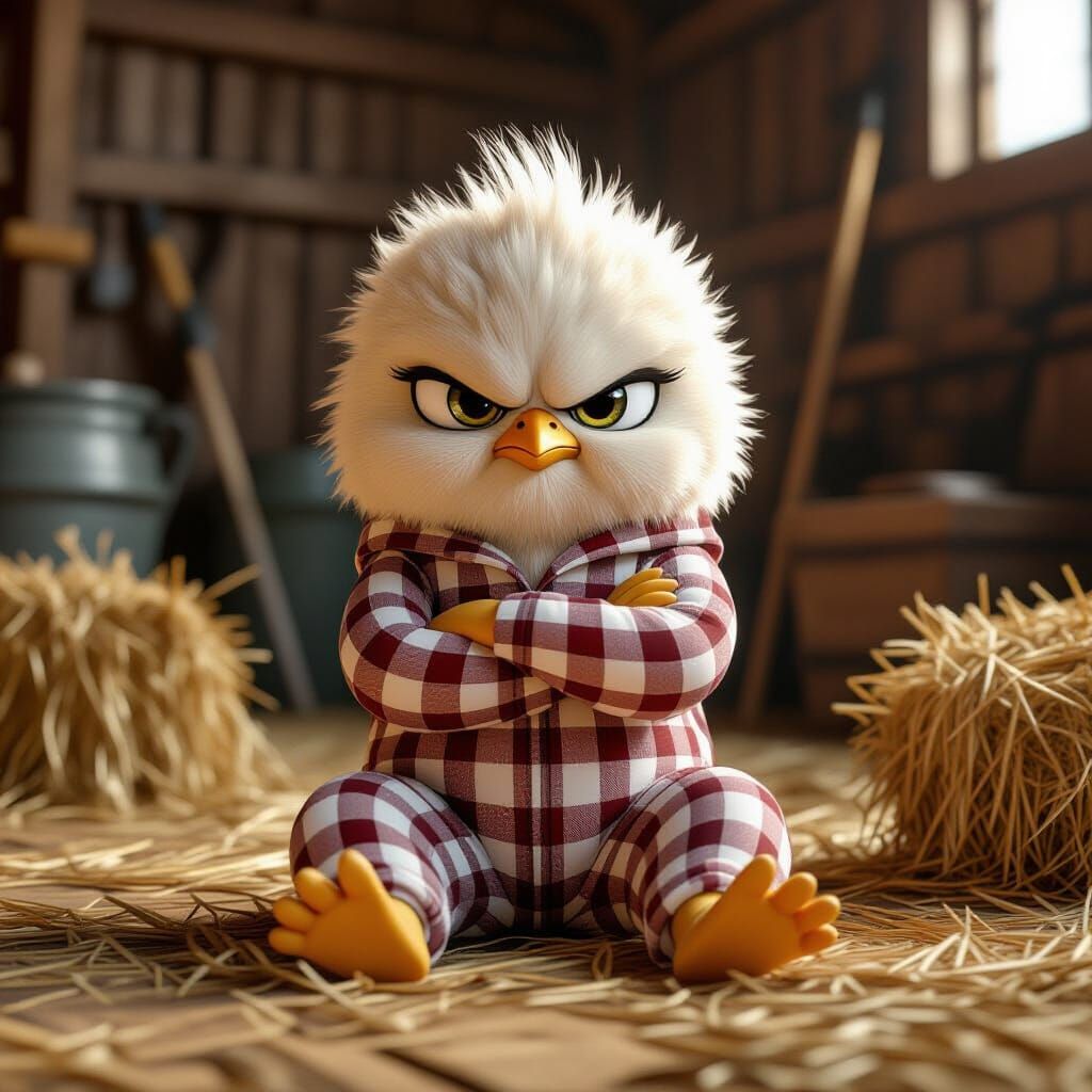 Grumpy Chicken Chick in Plaid Onesie, Anime Style