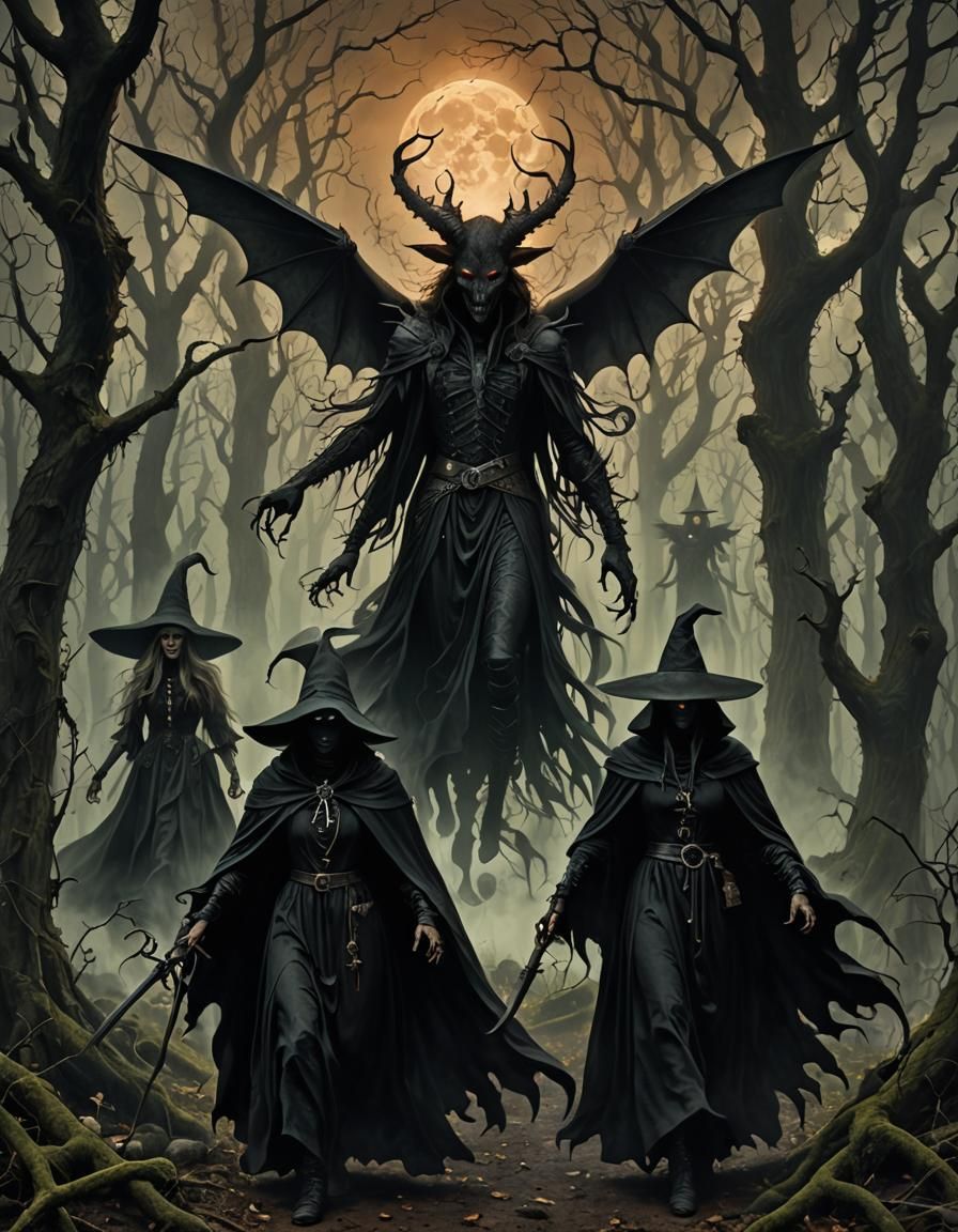 Surreal scenes featuring dark figures or otherworldly creatu...