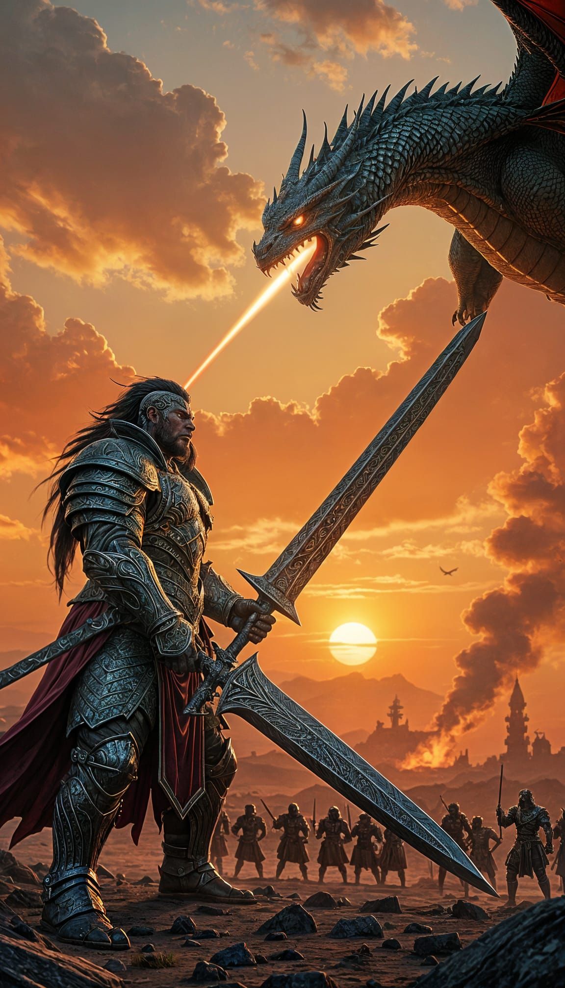 Spear Flies Over Battlefield with Ogre King and Dragon