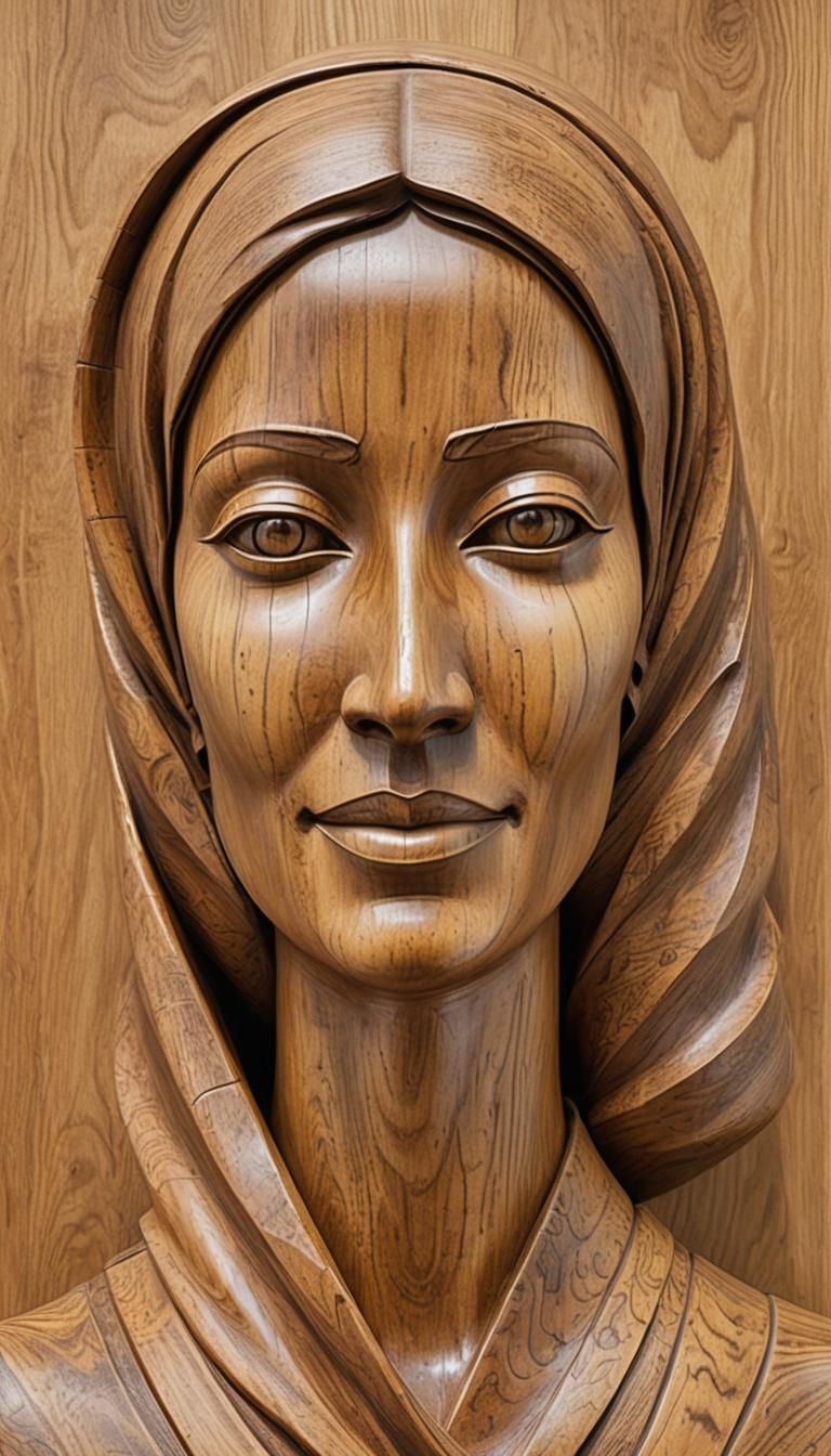Abstract Wooden Sculpture of Smiling Arab Woman