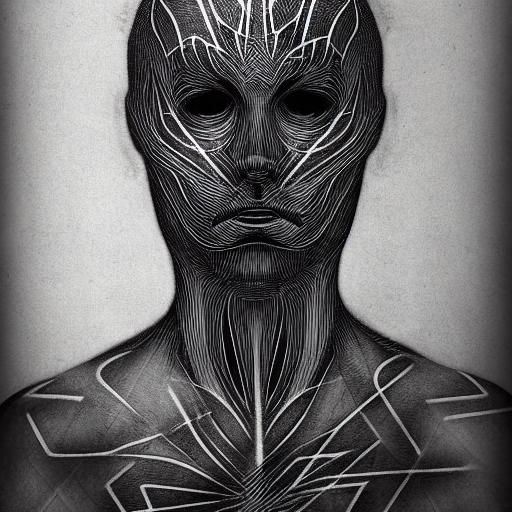 In stark etched lines, his body's a canvas bold,
A tapestry of greyscale stories untold.
Not vibrant hues, but shadows i...