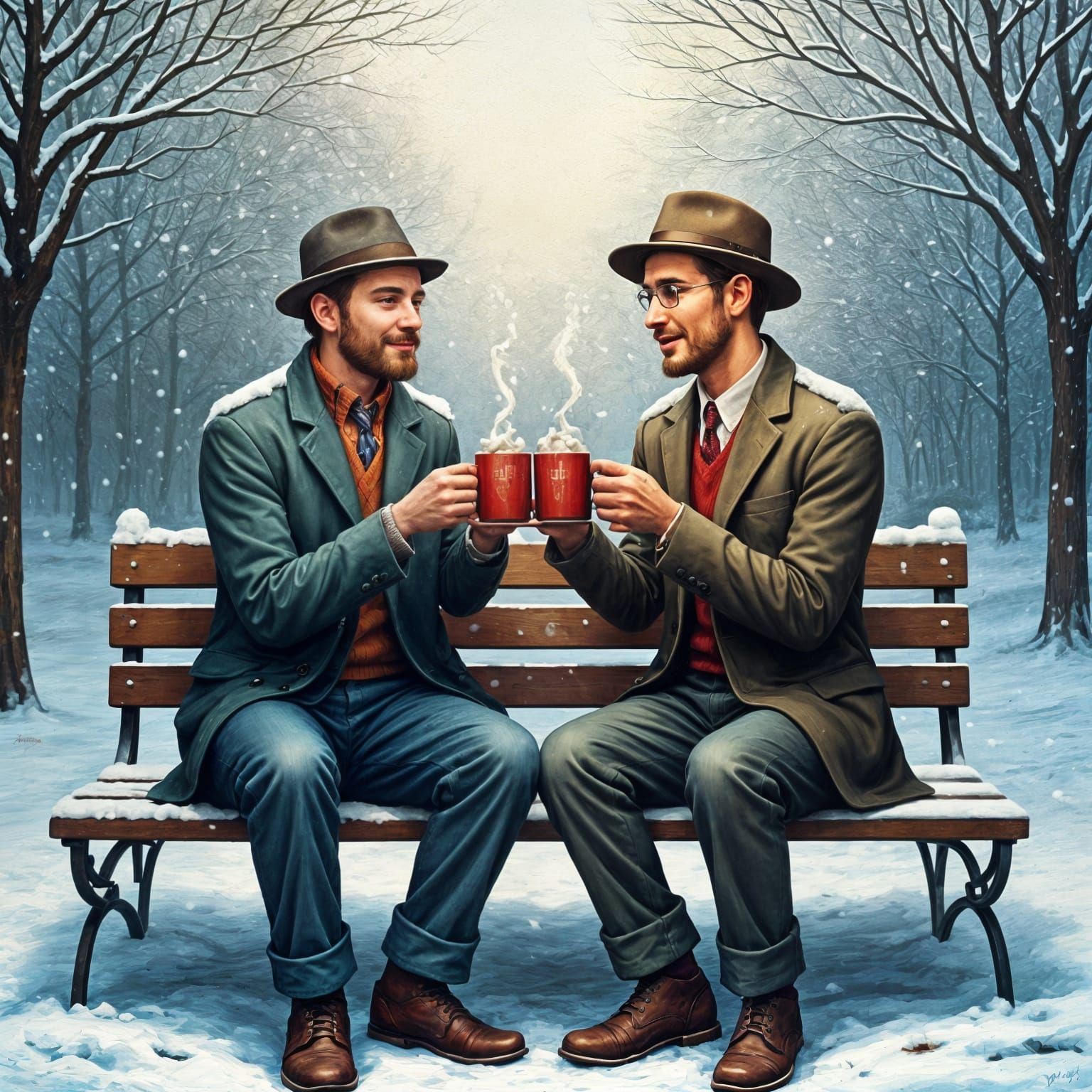 Hipsters Warm Up in Snowy Landscape Oil Painting