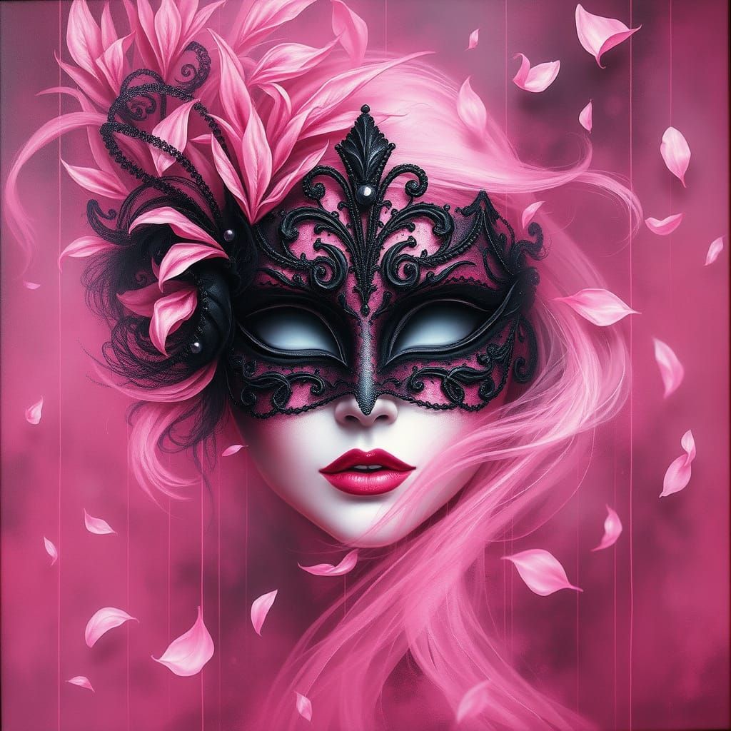 a pink and black masquerade mask