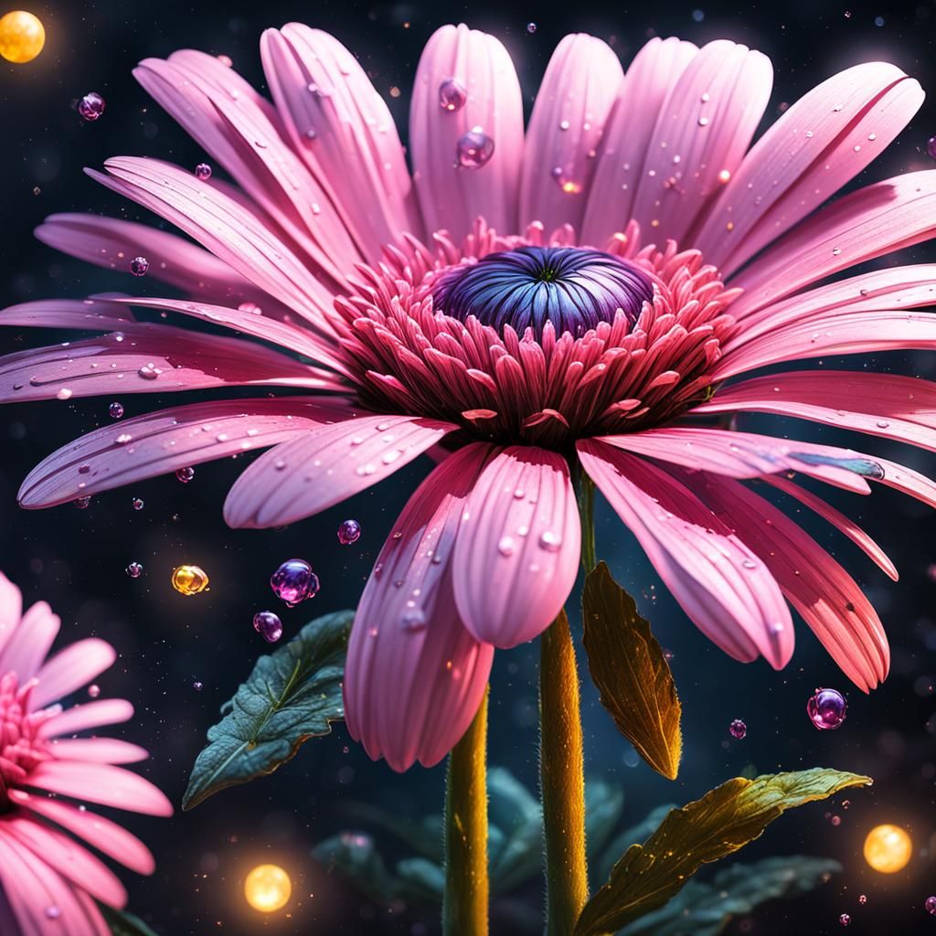 Pink Daisy with Fireflies: Hyperrealistic Concept Art