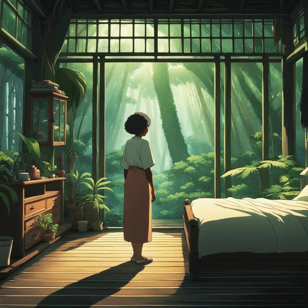 Black elder woman standing in a rainforest bedroom.
