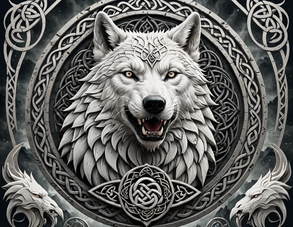 "A highly masculine logo featuring a white wolf head howling. The wolf has intense, piercing eyes and is depicted in pro...