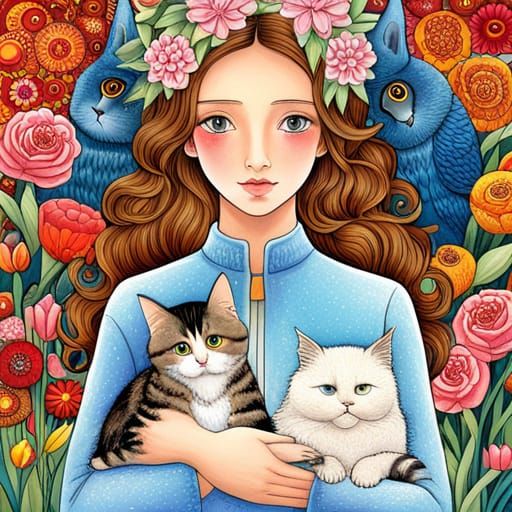 Fairytale Girl with Animals in Magic Realism Style