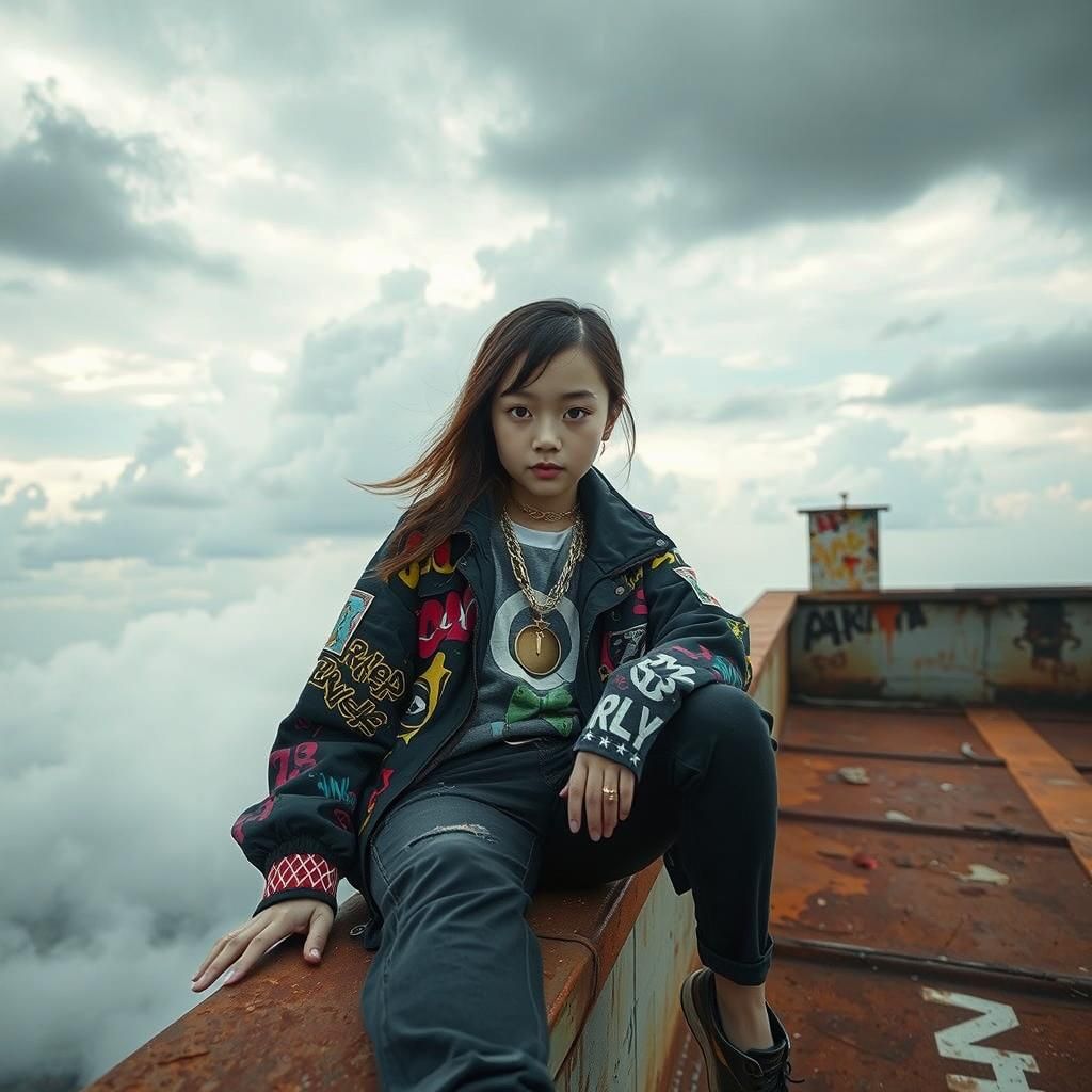 Korean Girl in Streetwear Overlooking Cityscape