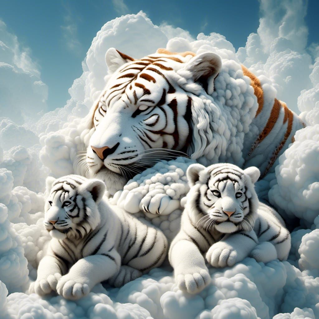 Hyperdetailed Tiger Family Soars Through the Sky