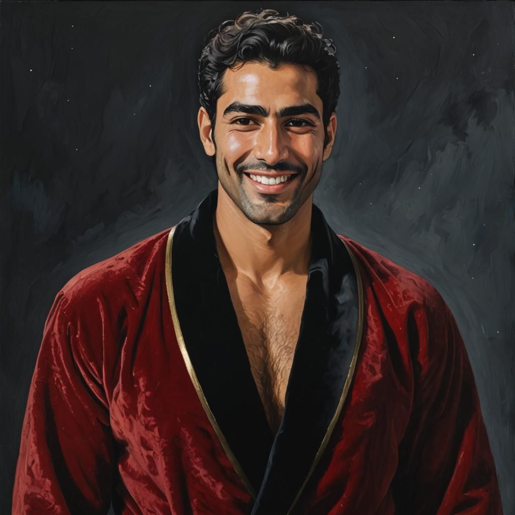 Smiling Man in Red Robe: Neo-Impressionist Oil Painting