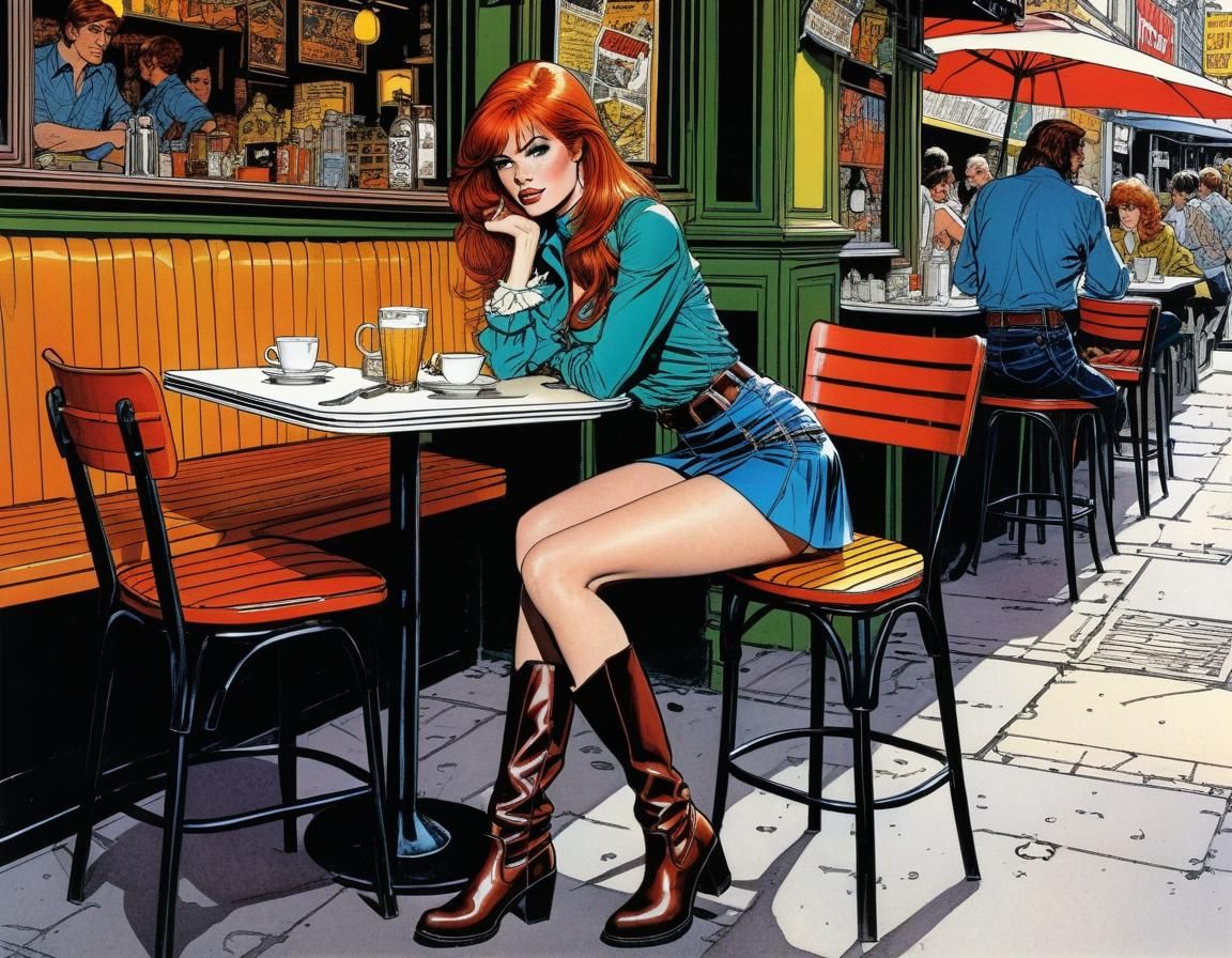 Vibrant Comic Book Style Woman Sits at a Street Cafe